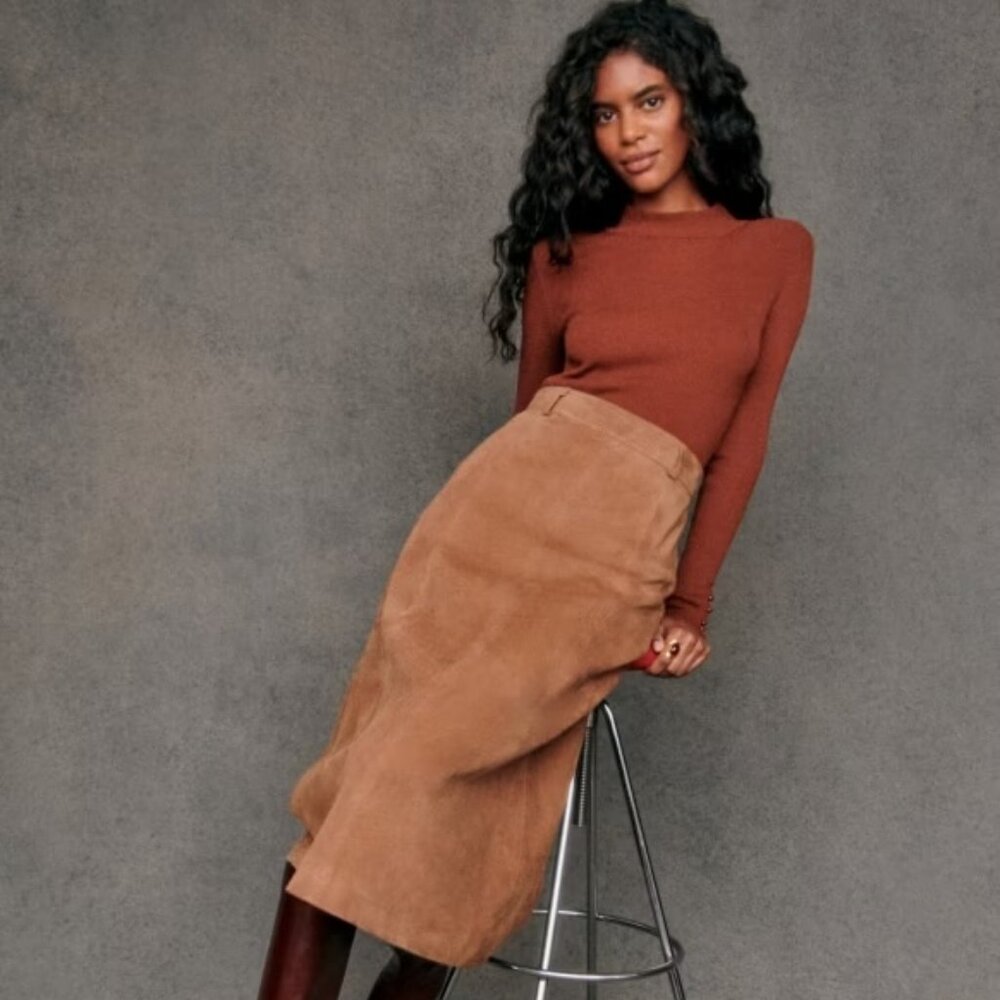 Sezane Meliora Skirt Camel Suede Size 8/40